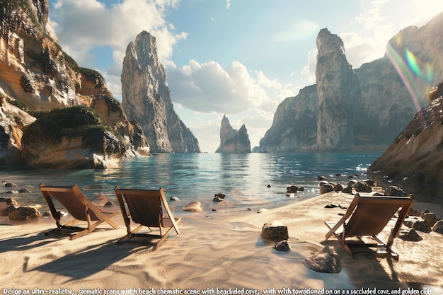 Photo a beach with chairs and mountains in the background