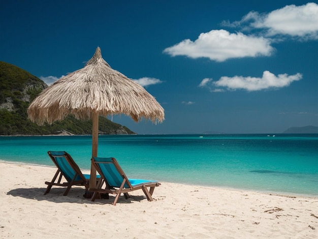 a beach with chairs and umbrellas that are on the beach