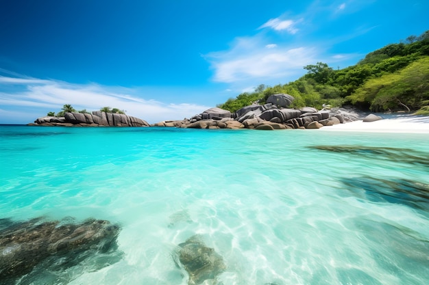 A beach with a clear blue water and the island is surrounded by trees and the ocean.