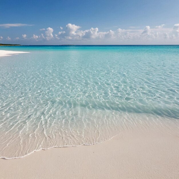 a beach with a clear water and a blue sky with clouds in the background