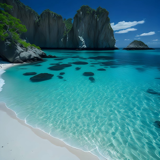 A beach with clear water and a blue sky with clouds