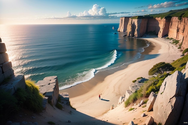 A beach with a cliff in the background