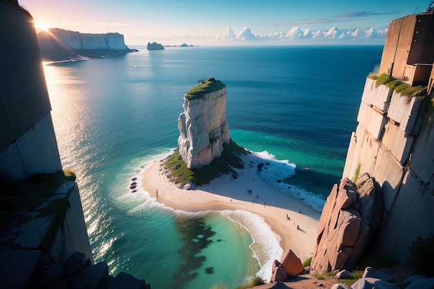 A beach with a cliff in the background