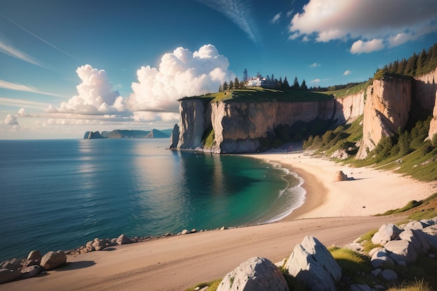 A beach with a cliff in the background