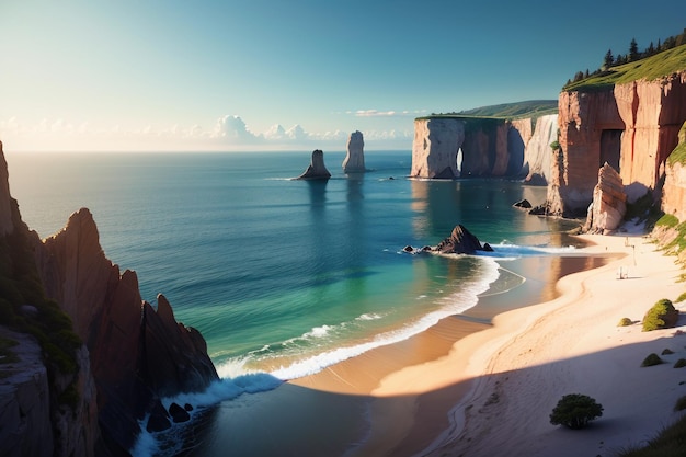 A beach with a cliff in the background