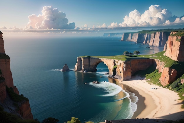 A beach with a cliff and the ocean in the background