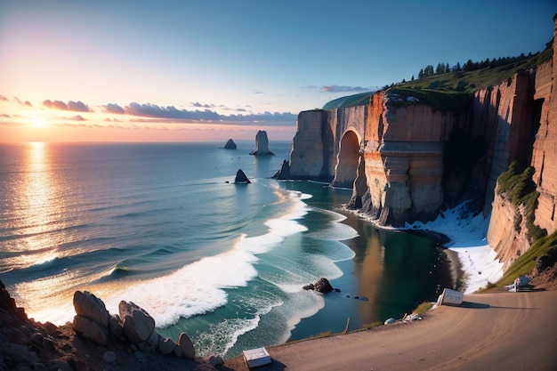 A beach with a cliff and the ocean in the background