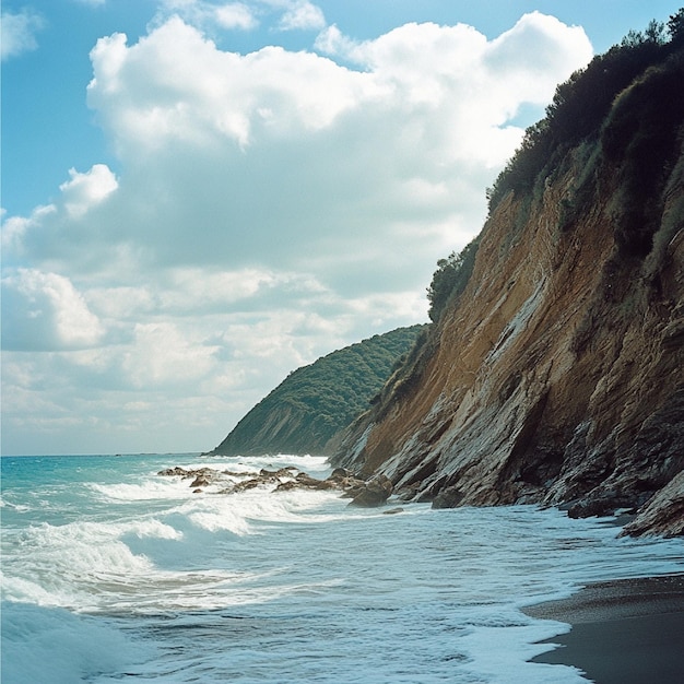 a beach with a cliff that has a cliff on it