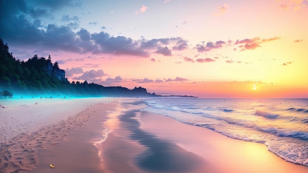 A beach with a colorful sky and the sun setting over the horizon