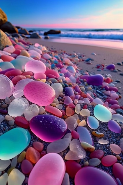 A beach with colorful stones and the ocean in the background.