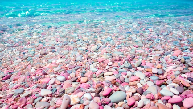 A beach with colorful stones in the water