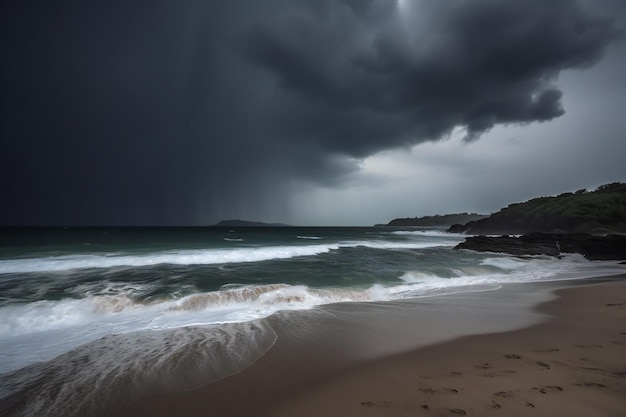 A beach with a dark sky and a stormy sea