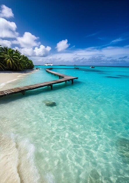 A beach with a dock and palm trees in the background