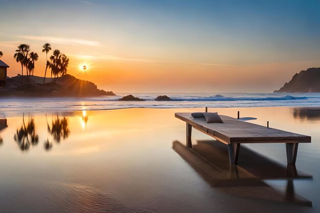 A beach with a dock and palm trees in the background