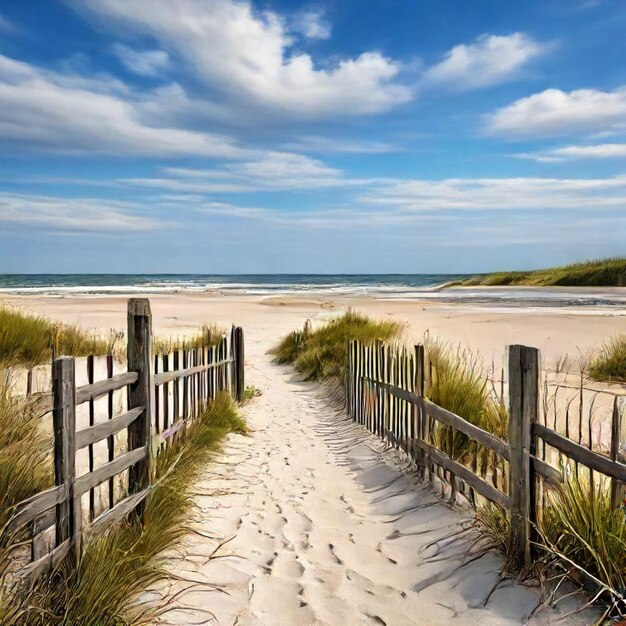 Photo a beach with a fence that has a fence on it