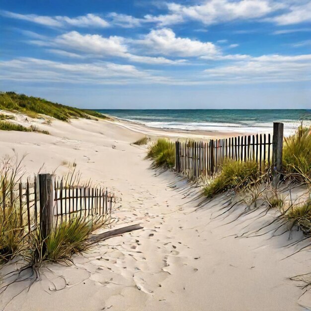 Photo a beach with a fence that has the word beach on it