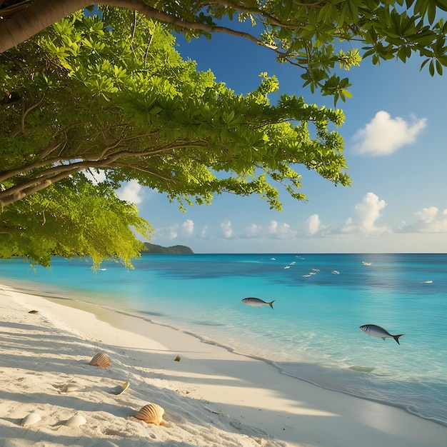 Photo a beach with a few birds flying over it and a beach with a few trees