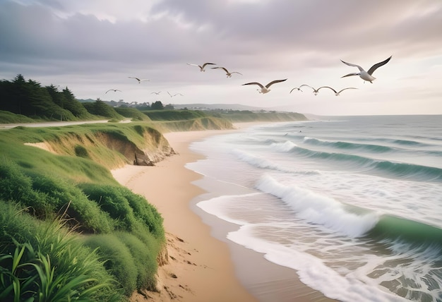 Photo a beach with a few birds flying in the sky