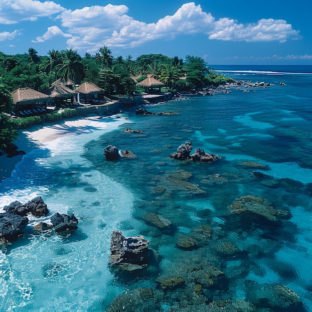 a beach with a few houses and some trees in the water