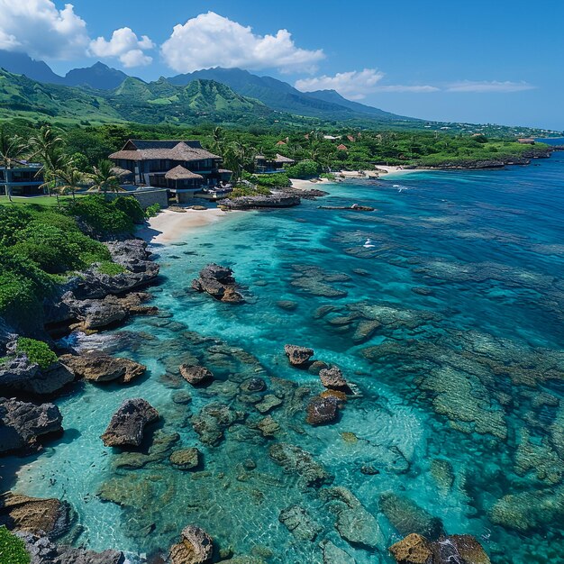 Photo a beach with a few rocks and a building with a blue ocean in the background