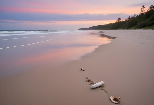 a beach with a few surfboards on it and a pink sunset in the background