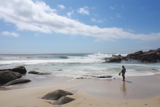 Beach with fisherman casting his line into the water created with generative ai