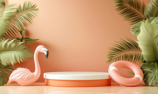 Photo the beach with flamingo inflatable rings serves as the background concept for the summer pink vacation a realistic display podium for a product mockup or cosmetics with a summer pink theme it is