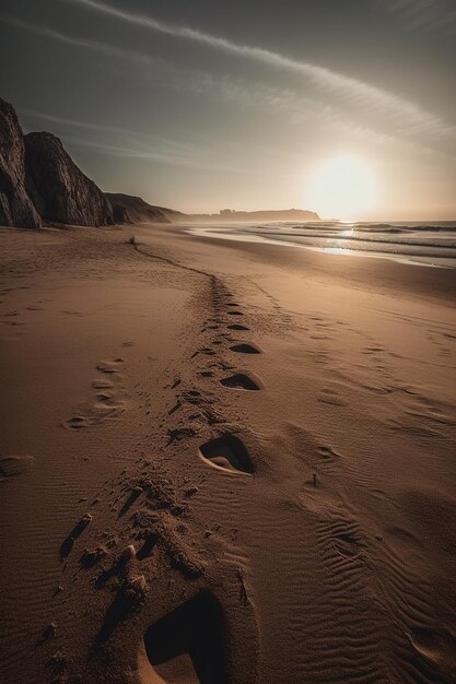 A beach with footprints in the sand at sunset