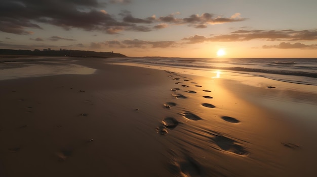 A beach with footprints in the sand at sunset