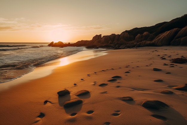 A beach with footprints in the sand at sunset