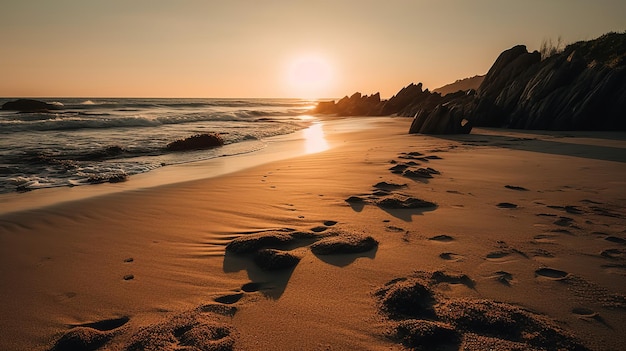 A beach with footprints in the sand at sunset