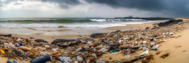 A beach with garbage and a cloudy sky