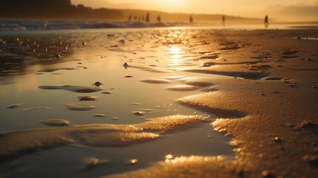 A beach with a golden sunset in the background