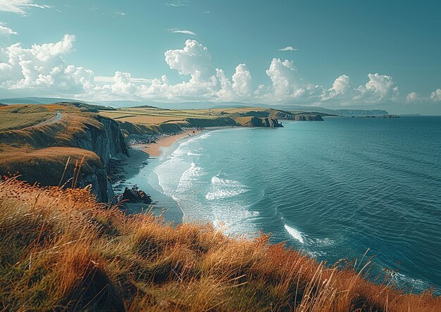 a beach with grass and rocks in the water