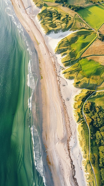 Photo a beach with a green field and a road that has a green field and a green grass field