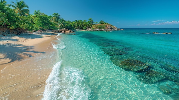 a beach with a green island in the background