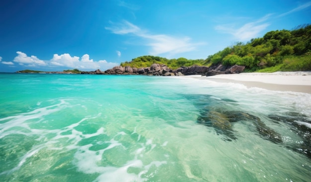 A beach with a green water and a blue sky