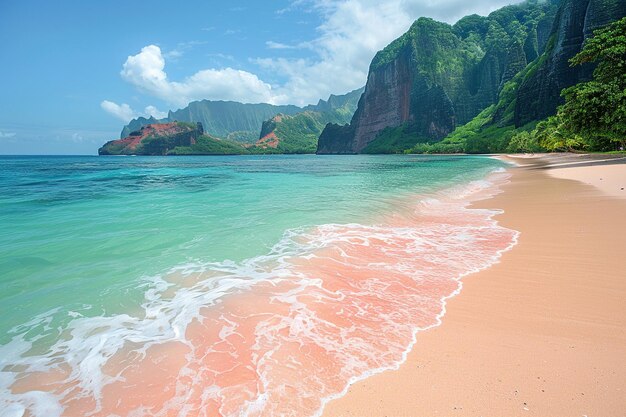 Photo a beach with a green water and mountains in the background