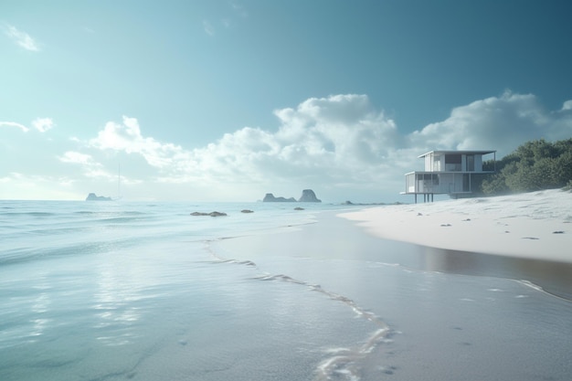 A beach with a house on it and the ocean in the background.