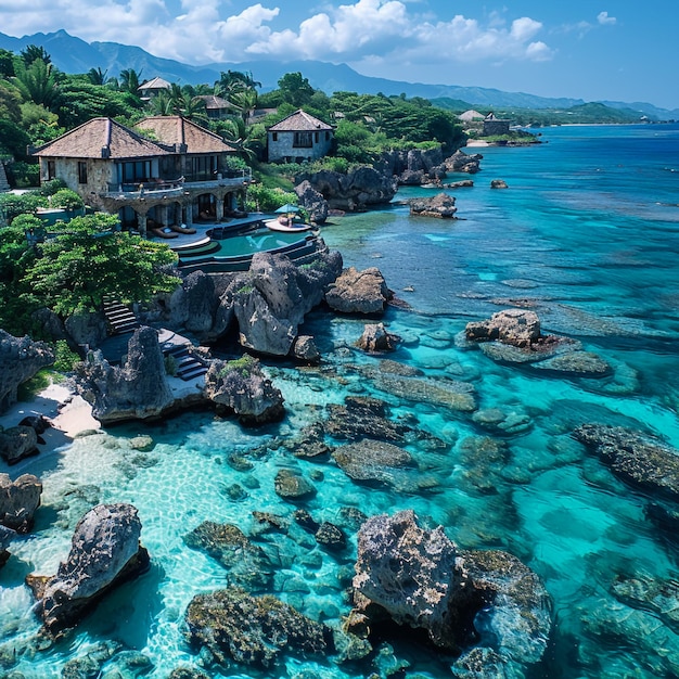 a beach with a house on the side and a beach in the background