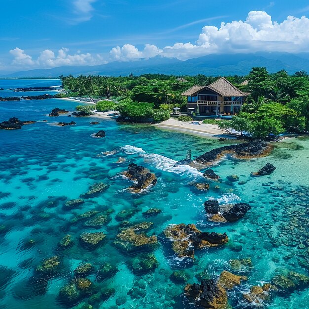 a beach with a house on the top of it