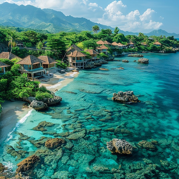 a beach with houses on the shore and a beach with a beach and mountains in the background