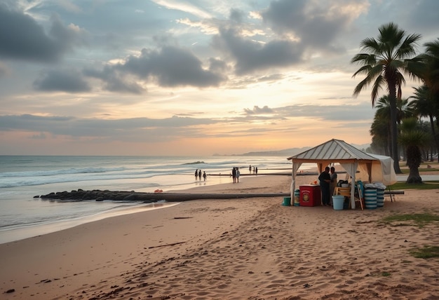 a beach with a hut and palm tree in the background