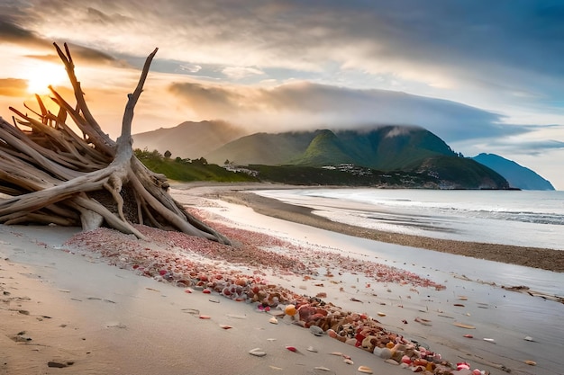 A beach with a large pile of shells and a mountain in the background.