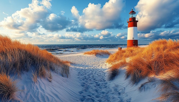 a beach with a lighthouse and sand dunes