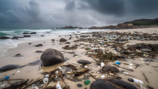 A beach with a lot of garbage and a dark sky