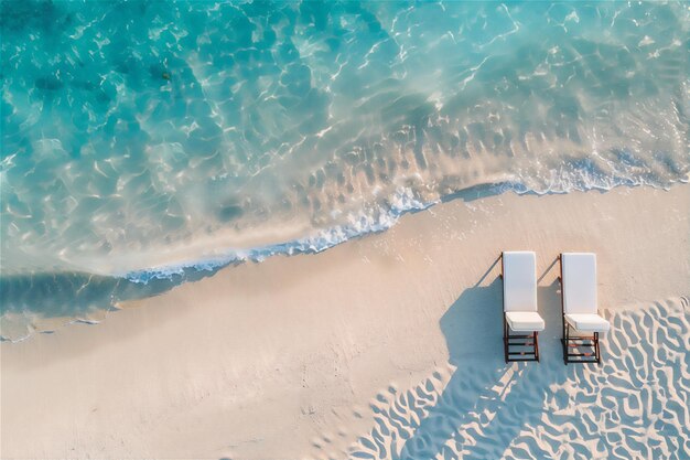 a beach with lounge chairs and a beach chair