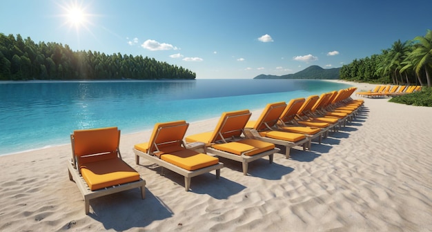 Photo a beach with lounge chairs and a blue water and mountains in the background