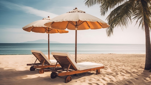 A beach with lounge chairs and umbrellas on it