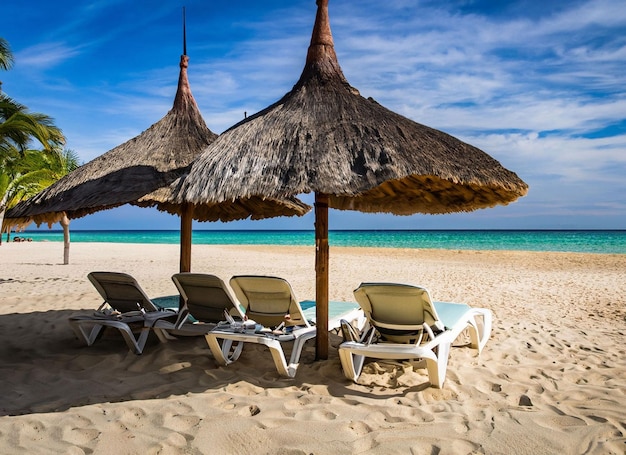 A beach with lounge chairs and umbrellas on it